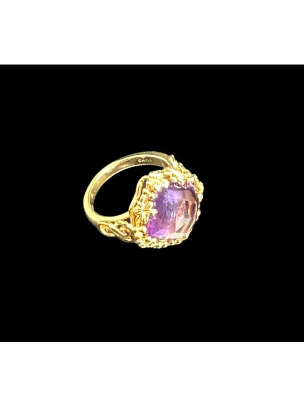 Michelle Albala Sterling Silver and Square Cut Amethyst Ring Floral Scrollwork